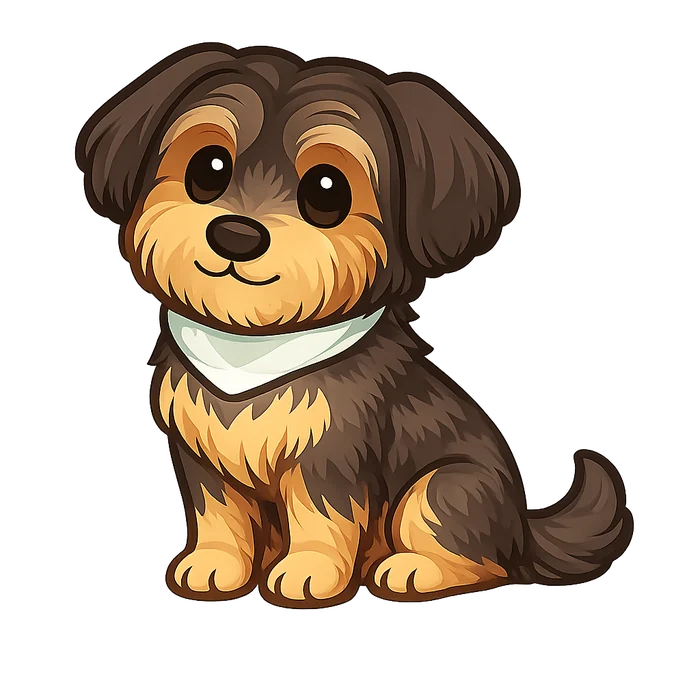 A friendly stylized dog avatar sitting in the room