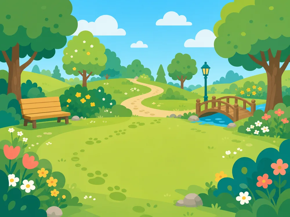 A sunny park with a path and a little bridge