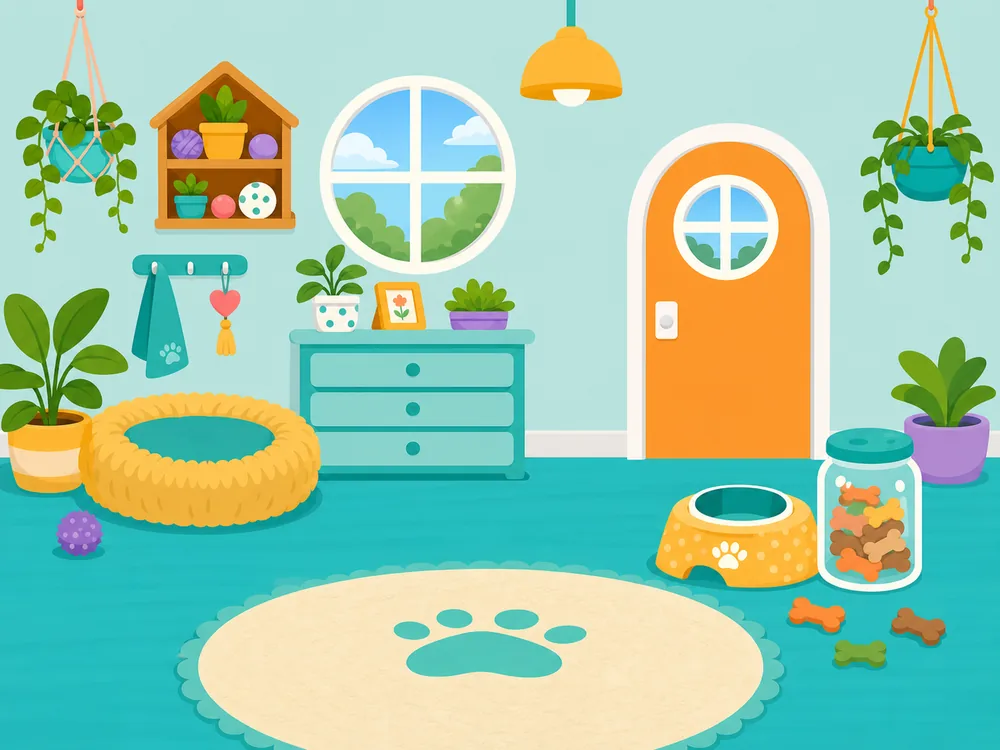 A care room with a food bowl, toys and treats