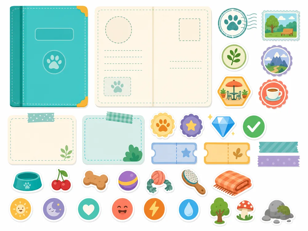 A scrapbook sheet of stamps, stickers and badges
